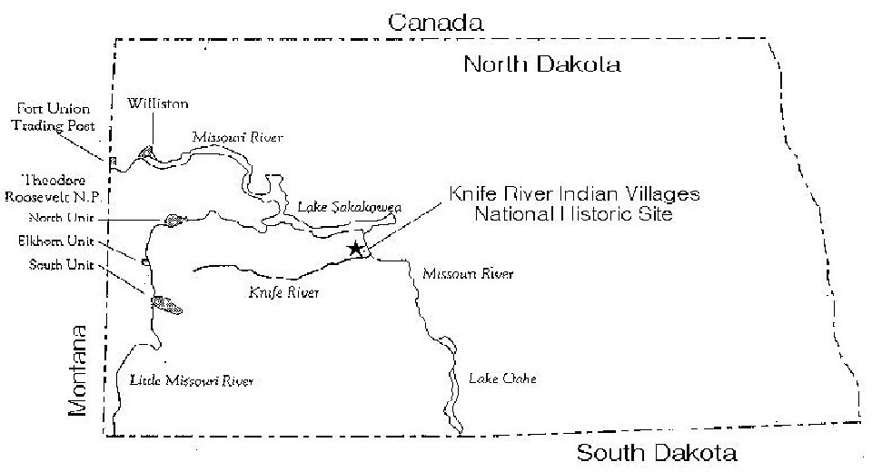 Outline of North Dakota shows villages as a star where the Knife and Missouri Rivers connect. Lake Sakakawea is directly north of star.