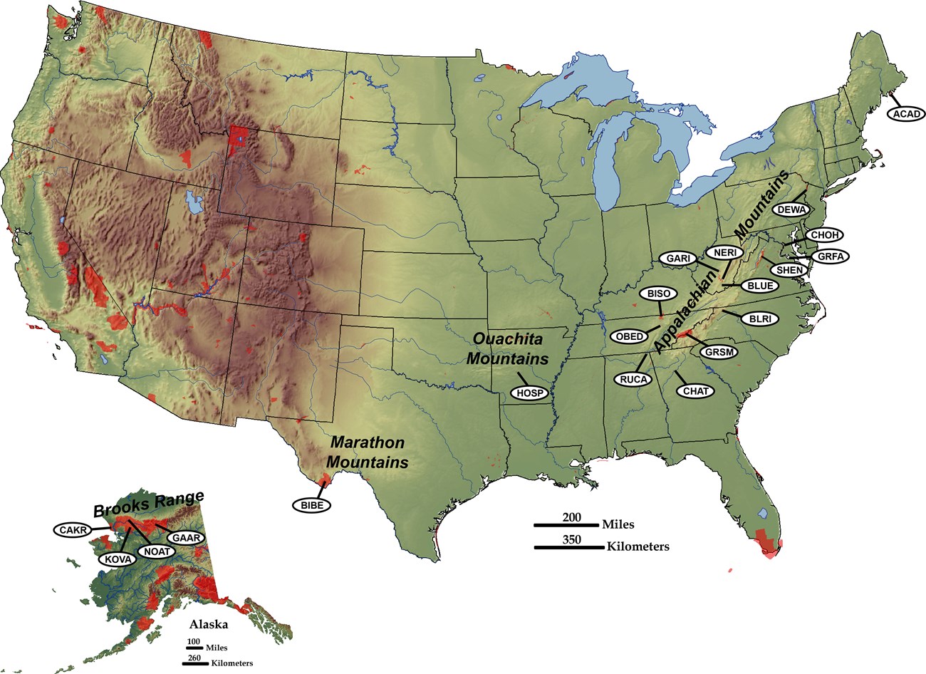 map of u.s. with parks in collisional mountain ranges marked and labeled