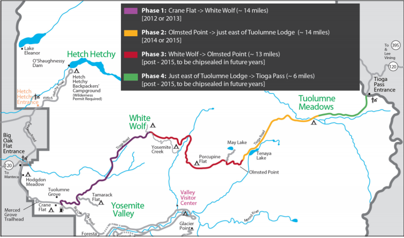 a map of the four phases of the tioga road rehab project