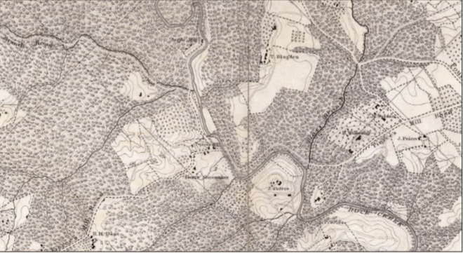 Black and white map showing Peirce Mill, homes of well-known families, and a mix of farms and woodlands along Rock Creek.