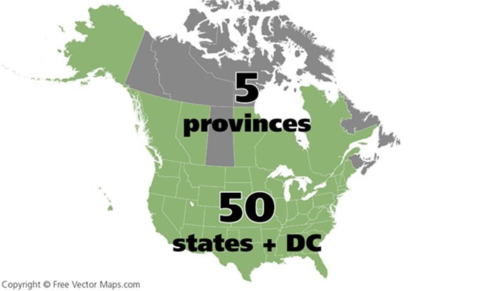 highlighted 50 United States and 5 Canadian provinces