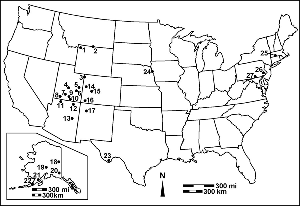 map of NPS units that have yielded dinosaur fossils or are associated with them