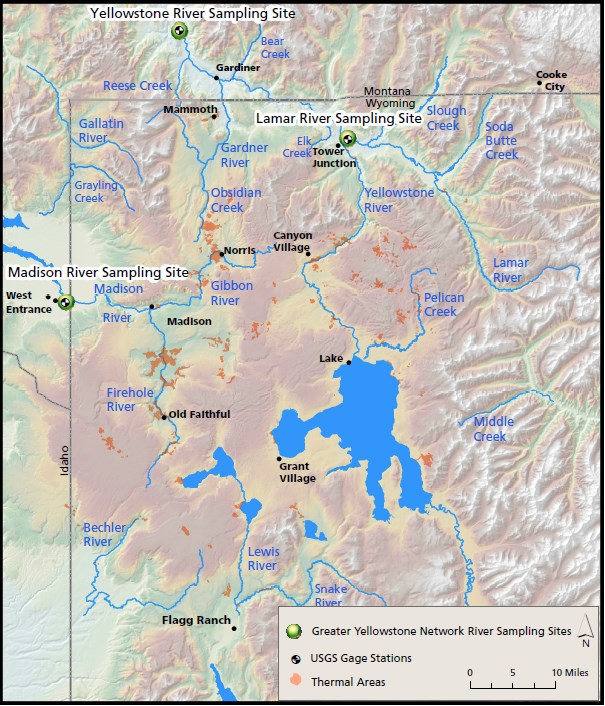 map of river monitoring locations in and near Yellowstone National Park