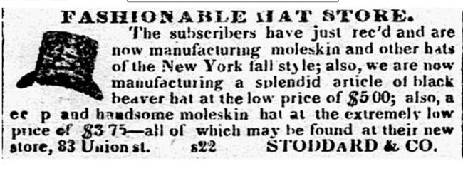 mass 1840 Newspaper clipping with small image of a beaver hat and description of prices.