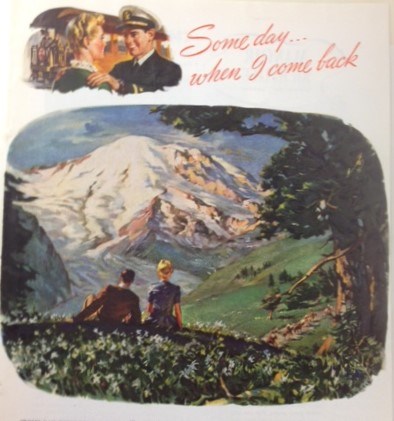 Color image of a man and soldier in a meadow looking out towards a glacier