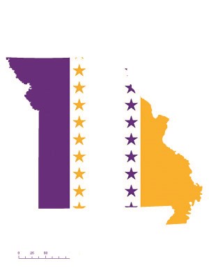State of Missouri depicted in purple, white, and gold (colors of the National Woman’s Party suffrage flag) – indicating Missouri was one of the original 36 states to ratify the 19th Amendment. Courtesy Megan Springate. State of Missouri depicted in purple, white, and gold (colors of the National Woman’s Party suffrage flag) – indicating Missouri was one of the original 36 states to ratify the 19th Amendment. Courtesy Megan Springate.