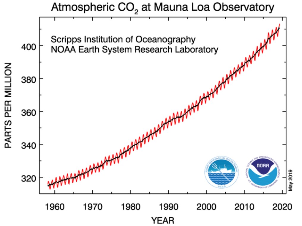 Average monthly carbon dioxide concentrations, 1958-2019 Graph showing atmospheric carbon dioxide concentrations at Mauna Loa Observatory rising at an accelerating pace, by a total of nearly 100 parts per million, between 1958 and May 2019