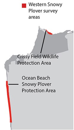 mod plovers map GOGA Map showing that Western Snowy Plover surveys occur in the Crissy Field Wildlife Protection Area and the Ocean Beach Snowy Plover Protection Area