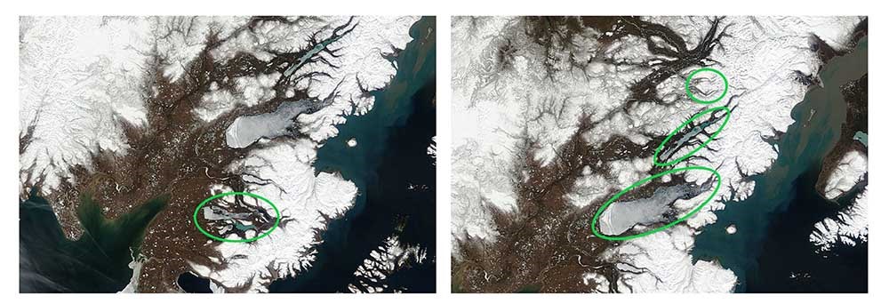 monitored lakes_web Side-by-side satellite images of lakes monitored in Lake Clark and Katmai.