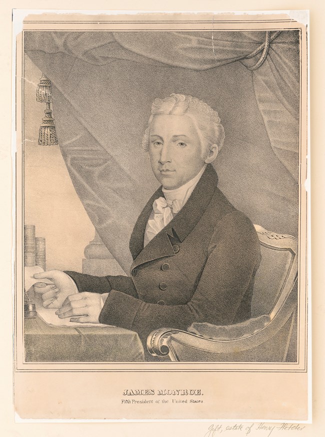 Sketch of James Monroe sitting at a desk.