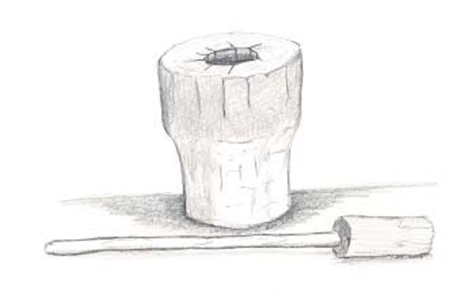 illustration of wooden log resting vertically with hollow center and a wooden stick with a larger cylindrical end on one side.