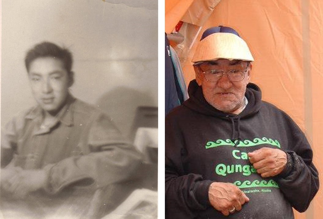 Mose Gordieff as a young man and as an elder Two photos of the same man, one in sepia tone as a young adult in uniform and one in color of him as an elder.