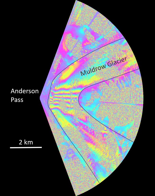 radar-like imagery of blues, yellows, pinks and purples