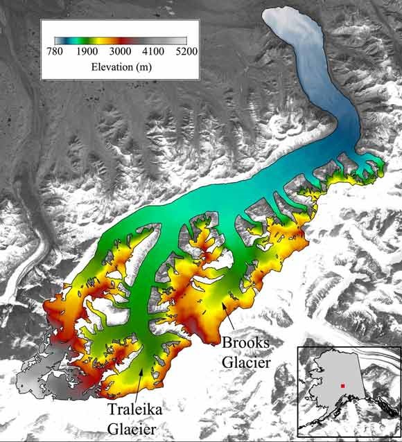 satellite photo of mountainous landscapes with color shading to represent elevation on a glacier