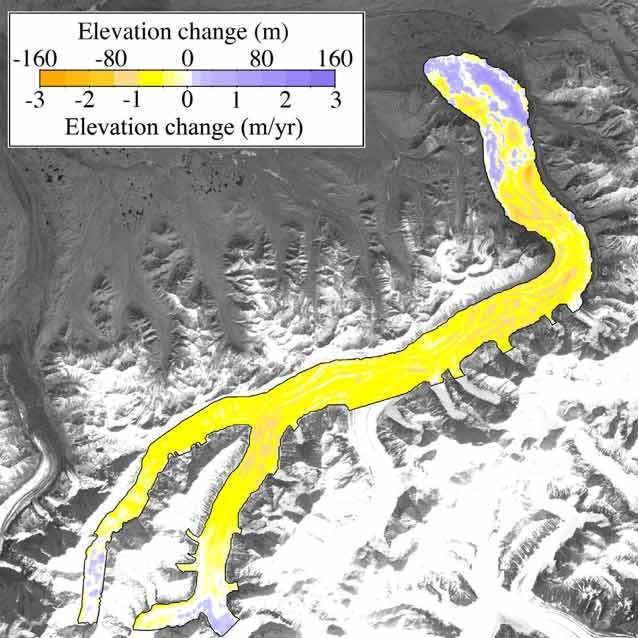 graphic illustrating how most of the muldrow has dropped in elevation by at least 1 meter