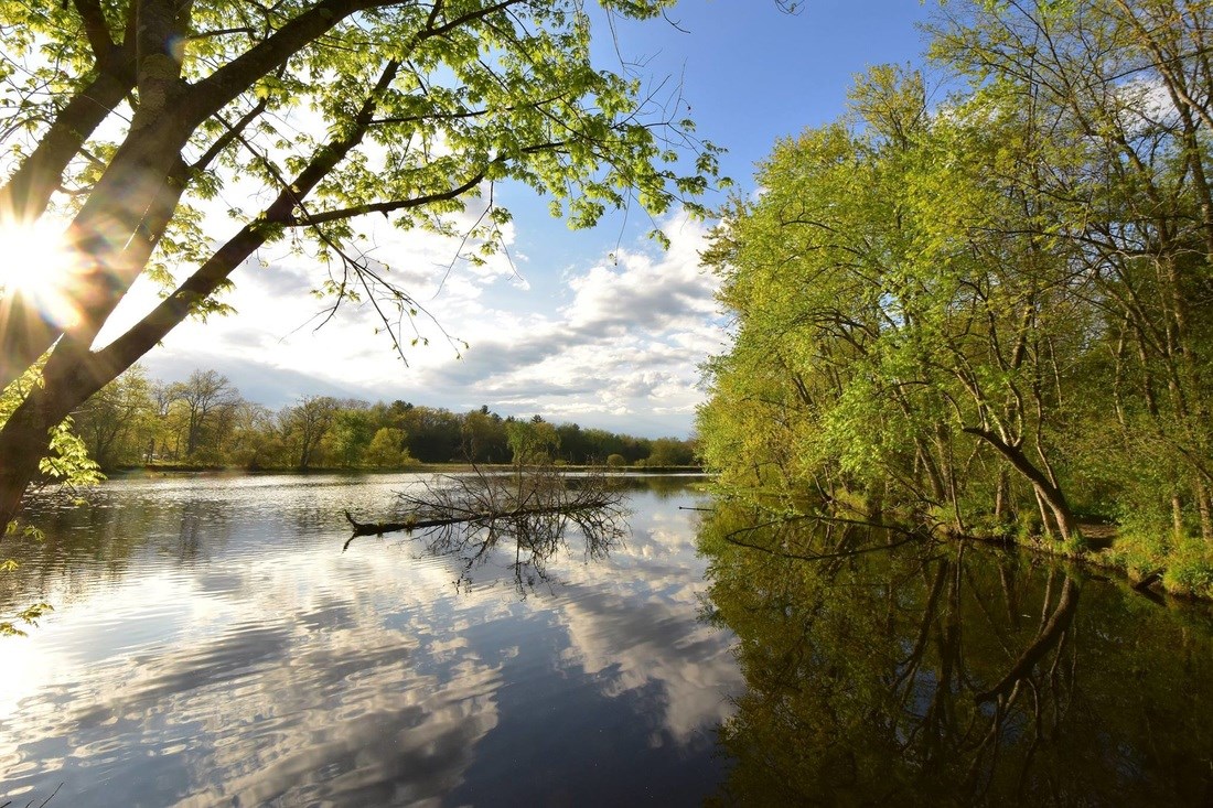 Spring sunshine is reflected on the placid waters of the Nashua River in Massachusetts Spring sunshine is reflected on the placid waters of the Nashua River in Massachusetts