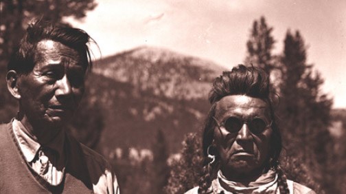 Figure 2. Nez Perce Chief White Hawk (left) and Many Wounds in YNP in 1935. White Hawk was with the main group of Nez Perce in 1877.