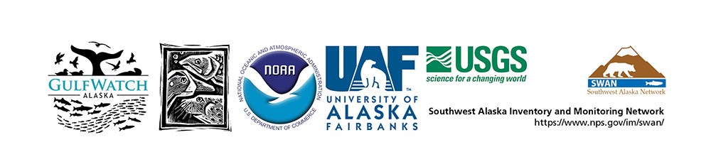 A string of logos: GulfWatch Alaska, Exxon Valdez Trustees, NOAA, UA Fairbanks, and SWAN.