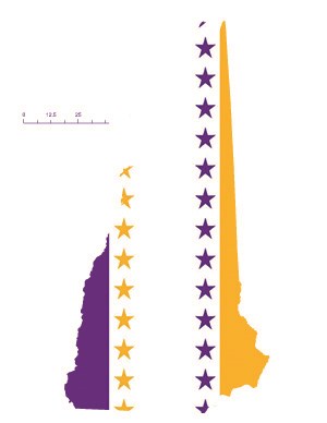 State of New Hampshire depicted in purple, white, and gold (colors of the National Woman’s Party suffrage flag) – indicating New Hampshire was one of the original 36 states to ratify the 19th Amendment. Courtesy Megan Springate.