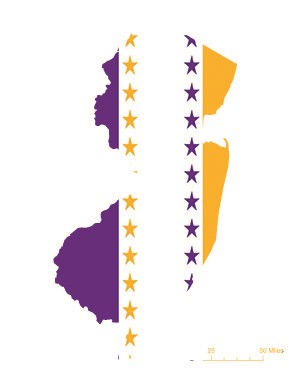 State of New Jersey depicted in purple, white, and gold (colors of the National Woman’s Party suffrage flag) – indicating New Jersey was one of the original 36 states to ratify the 19th Amendment. Courtesy Megan Springate.