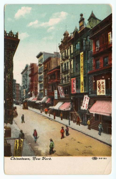 Postcard of Chinatown in NY. The New York Public Library. Historic postcard of Chinatown, NY. The New York Public Library.