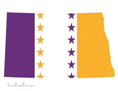 State of North Dakota depicted in purple, white, and gold (colors of the National Woman’s Party suffrage flag) – indicating North Dakota was one of the original 36 states to ratify the 19th Amendment. Courtesy Megan Springate.