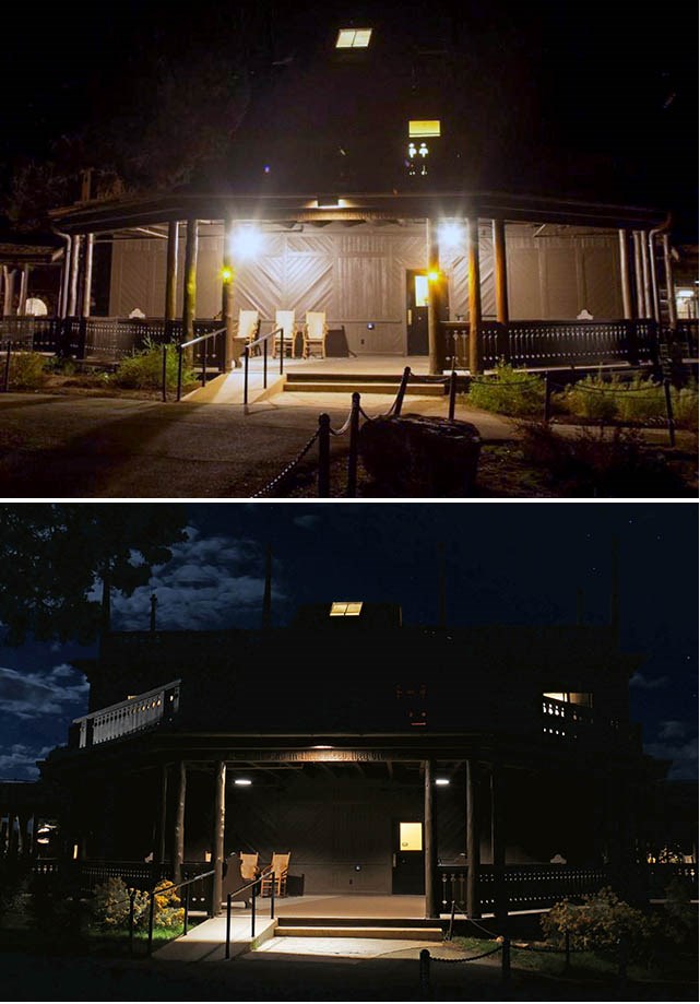 comparison before (top) and after (below) upgrading to reduced glare lighting fixtures on lodge exterior porch