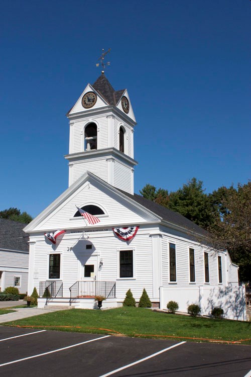 North Hampton Town Hall, NH historic single-story, clapboarded building set on a foundation of granite blocks
