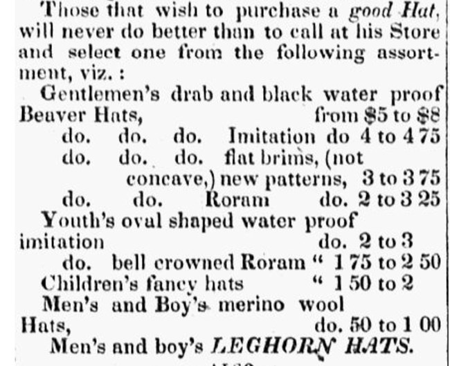 Newspaper clipping describing the cost of beaver hats.