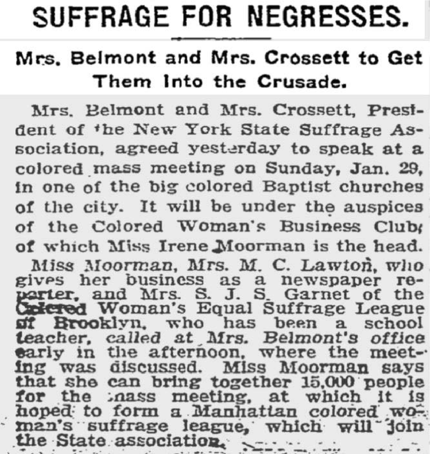 Newspaper article published by the New York Times, January 19, 1910. Courtesy of the New York State Women's Suffrage Exhibition Collection. https://cdm16694.contentdm.oclc.org/digital/collection/p16694coll52/id/672 Newspaper article published by the New York Times, January 19, 1910. Courtesy of the New York State Women's Suffrage Exhibition Collection. https://cdm16694.contentdm.oclc.org/digital/collection/p16694coll52/id/672