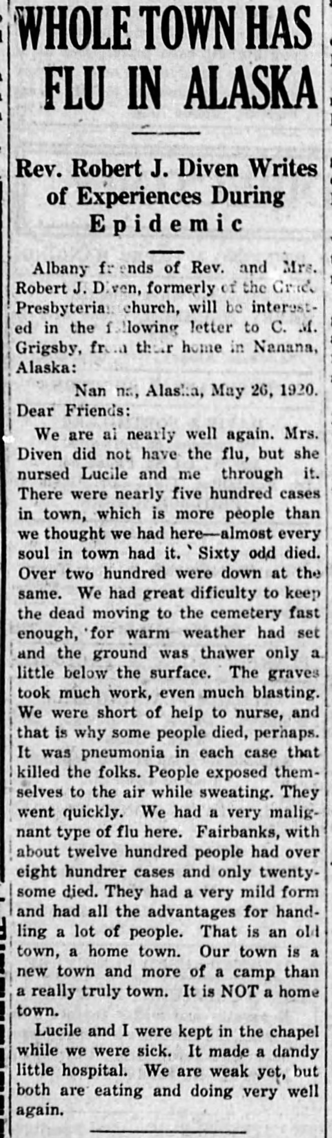 a newspaper article describing first hand how a flu strain killed sixty of five hundred people in the town of nenana, alaska