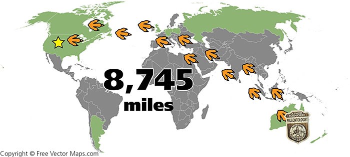 Map shows farthest traveled Junior Paleontologist is in Victoria, Australia