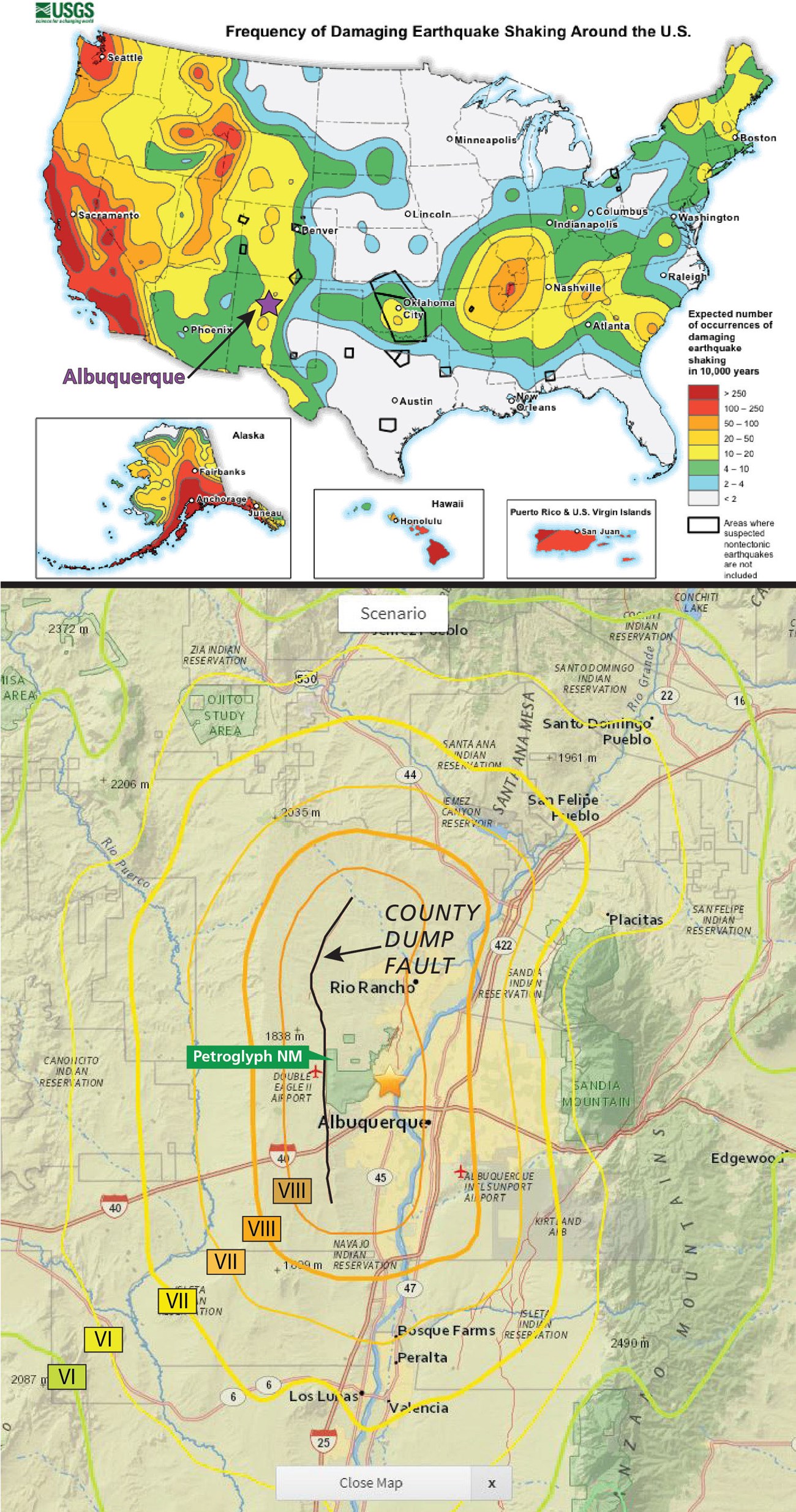 National earthquake probability map and local intensity map.