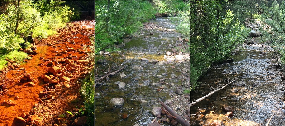 red-colored stream and red rocks on the left, the same creek in the center with clear water and normal colored rocks, and the same creek again on the right with clear water at a later date