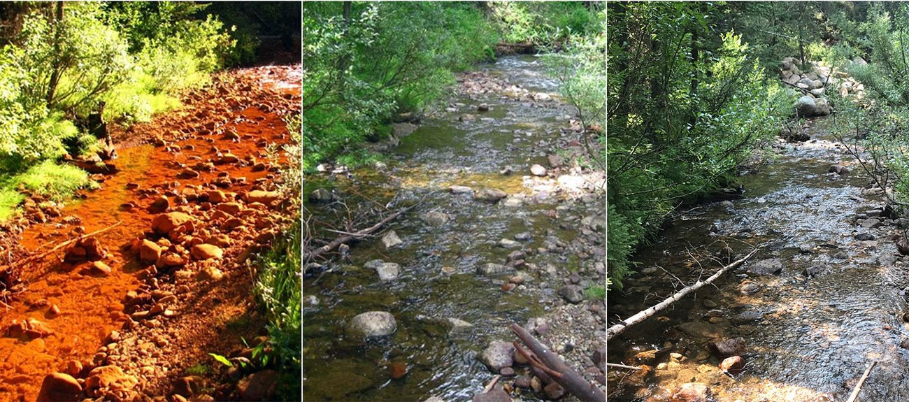 Soda Butte Creek in 2008, 2013, and 2018 red-colored stream and red rocks on the left, the same creek in the center with clear water and normal colored rocks, and the same creek again on the right with clear water at a later date