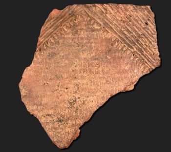 Broken piece of Decorated Potsherd, about 700 Years Old, from a Site Near Little Falls