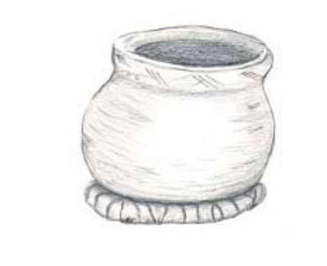 Illustration of a pinch pot resting on a braided holder.