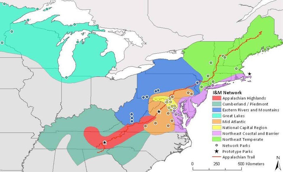 Map of the midwest and northeastern United States, with several Inventory & Monitoring networks highlighted