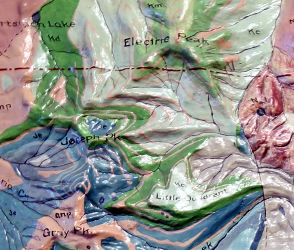 Figure 1. A detail of the Electric Peak area on the Yellowstone National Park and Absaroka Range (1897) relief model by Edwin Howell. This historically significant model was installed at the old Information Center and the Norris Museum
