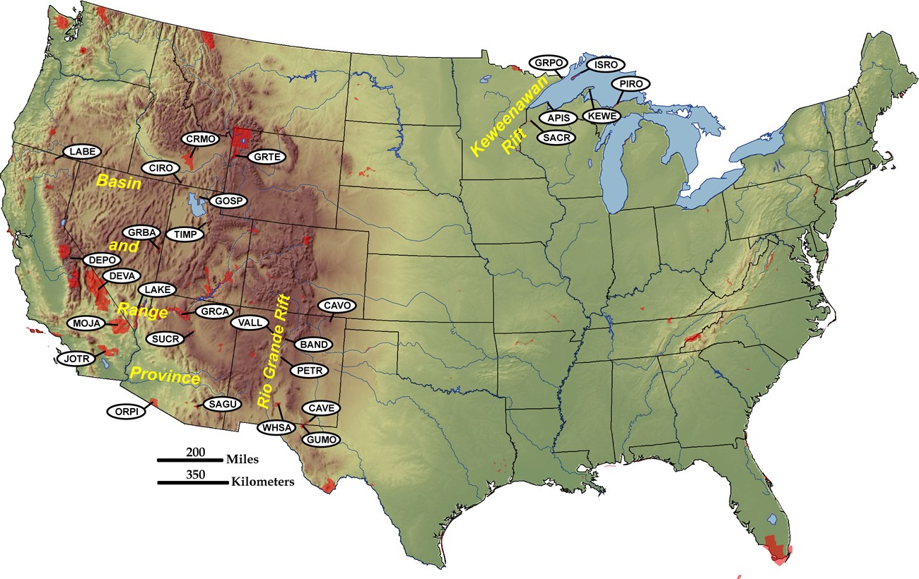 map of us with parks in rift zones marked and labeled