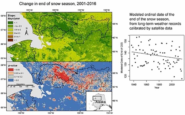 A map image and graph of how snow season has changed over time.