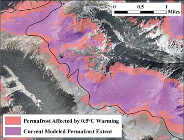 Scientists predict temperatures to rise 2-4° C in the 21st century; this will mean a signifi cant loss of permafrost and will likely cause slumps on Trail Ridge Road.