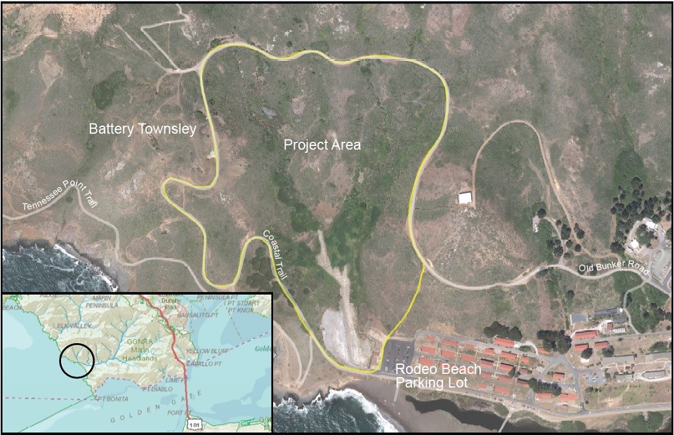 Lower Rodeo Valley cape ivy removal map Map outlining the cape ivy removal area, immediately northwest of the Rodeo Beach parking lot
