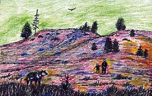 [painting] Depiction of woman and child being led through landscape by wolf.