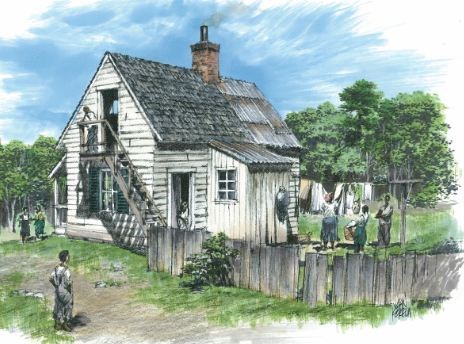 Color illustration of the Sarah Whitby House. The white, wooden house has two floors and a wooden fence to its right; the top floor is accessible via a staircase located in front of the house. African-Americans depicted doing chores and other tasks.