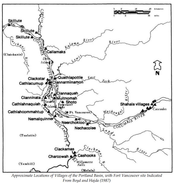 Map showing the location of Indigenous villages along the Columbia and Willamette Rivers.