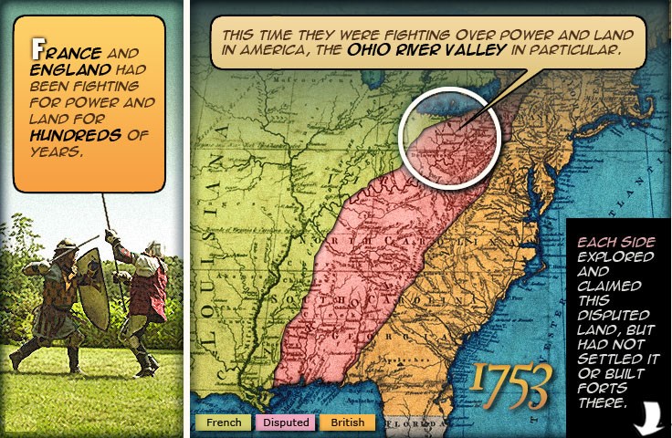 Two men fighting with swords.  A map of the French, British and disputed area of North America in 1753