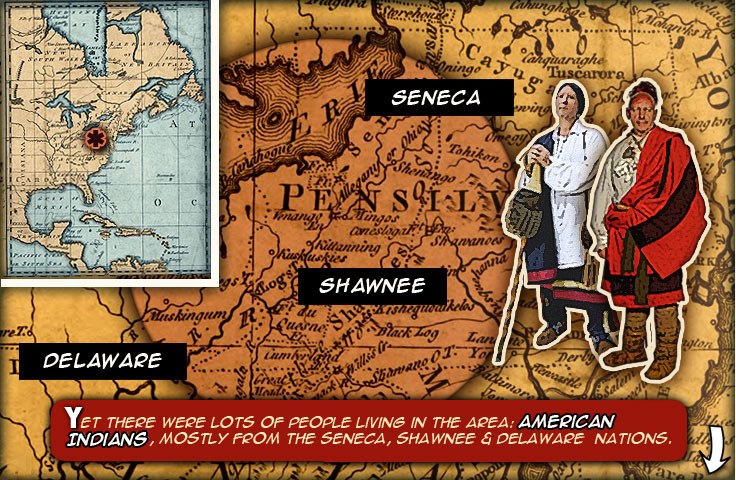 A map of the Ohio River Valley showing the location of the Seneca, Shawnee and Delaware. An American Indian man and woman.  An inset map of eastern North American showing the location of the Ohio River Valley.
