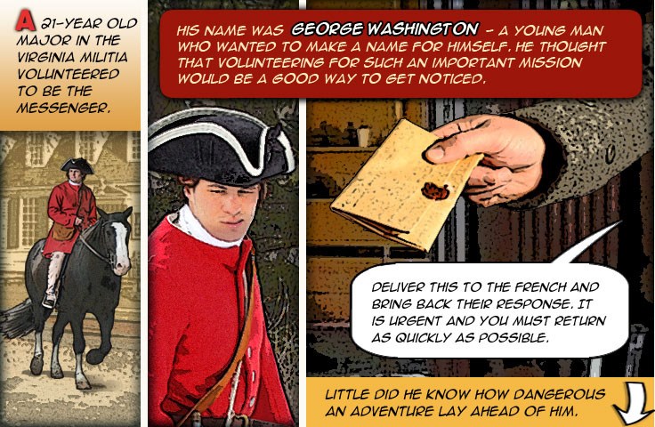 George Washington riding a horse in the colonial capitol of Williamsburg.  The governor handing Washington a letter.