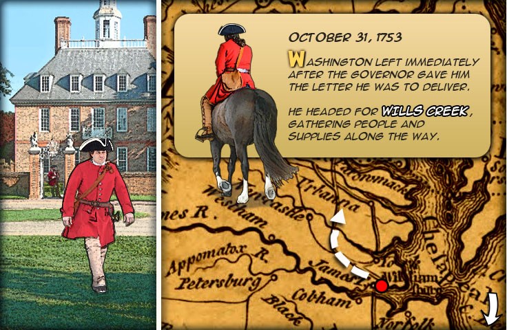 Washington walking in Williamsburg Virginia and riding a horse away.  A map of his route out of Williamsburg.